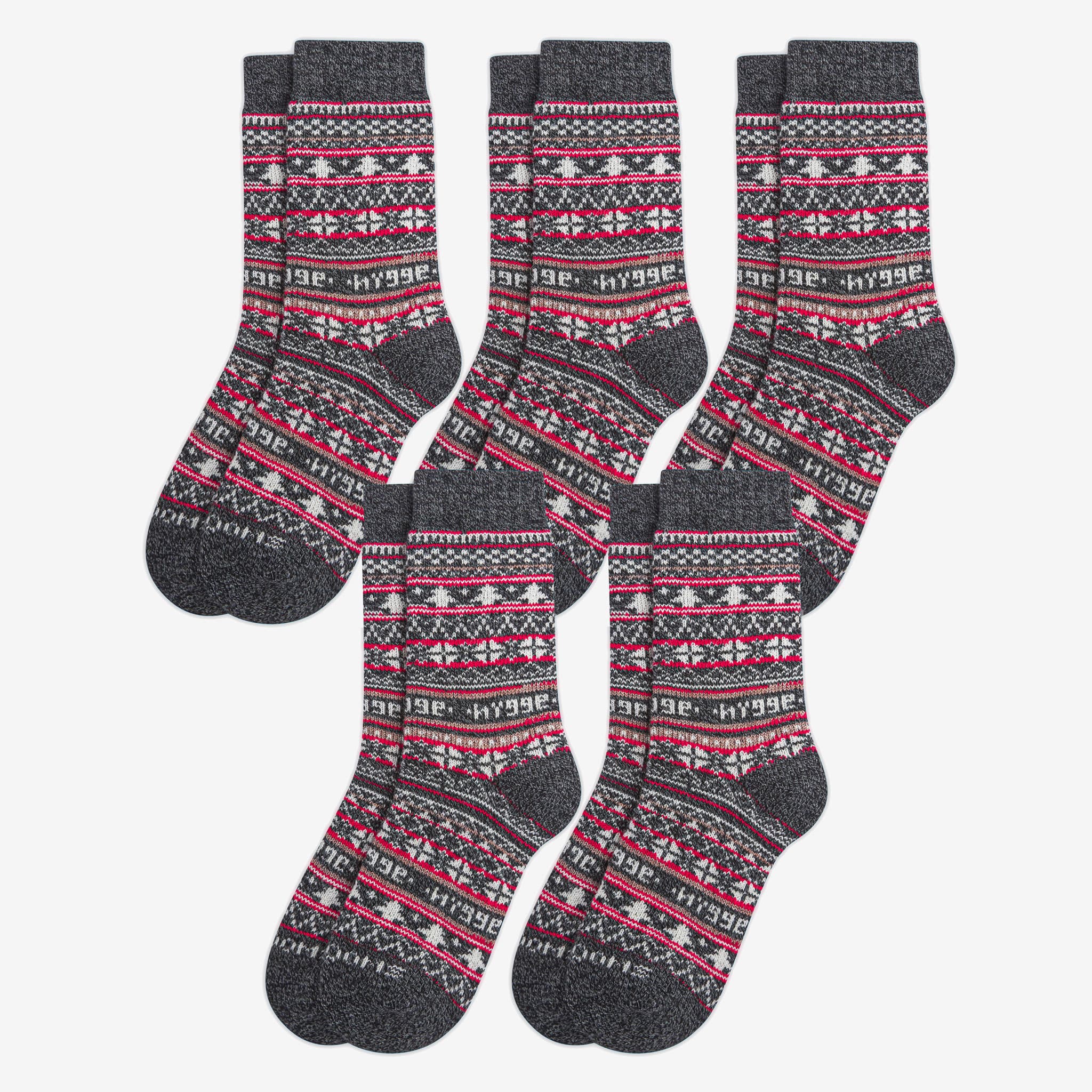 5 pairs of charcoal merino wool Swoollies socks with red and white pattern, on a light grey background