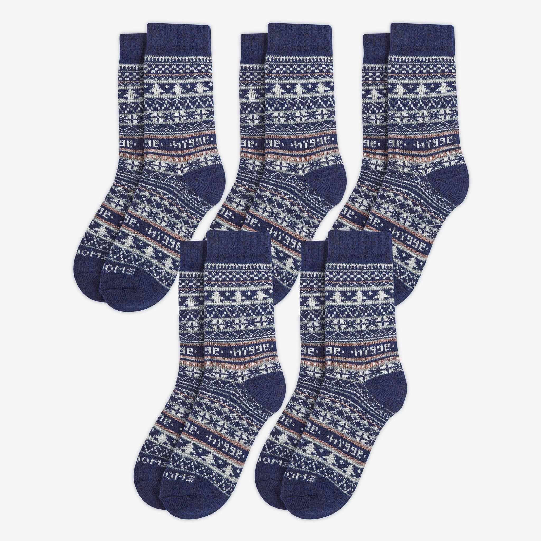 5 pairs pack of navy blue patterned merino wool Swoollies socks with the text 'hygge' knitted on it. The socks are thick. Socks are on a light grey background