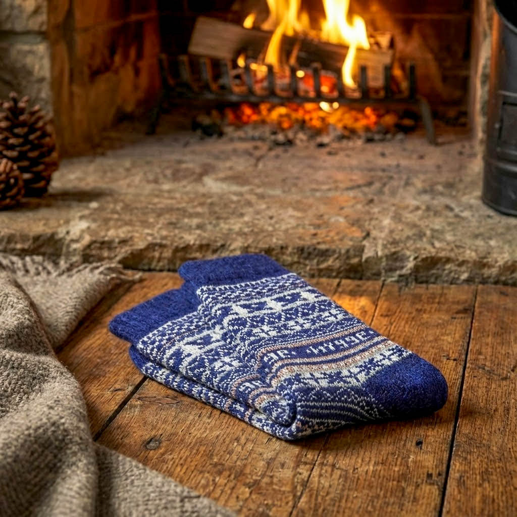 Folded pairs of navy blue Fair Isle merino wool Swoollies socks arranged neatly on the floor in front of a lit fireplace