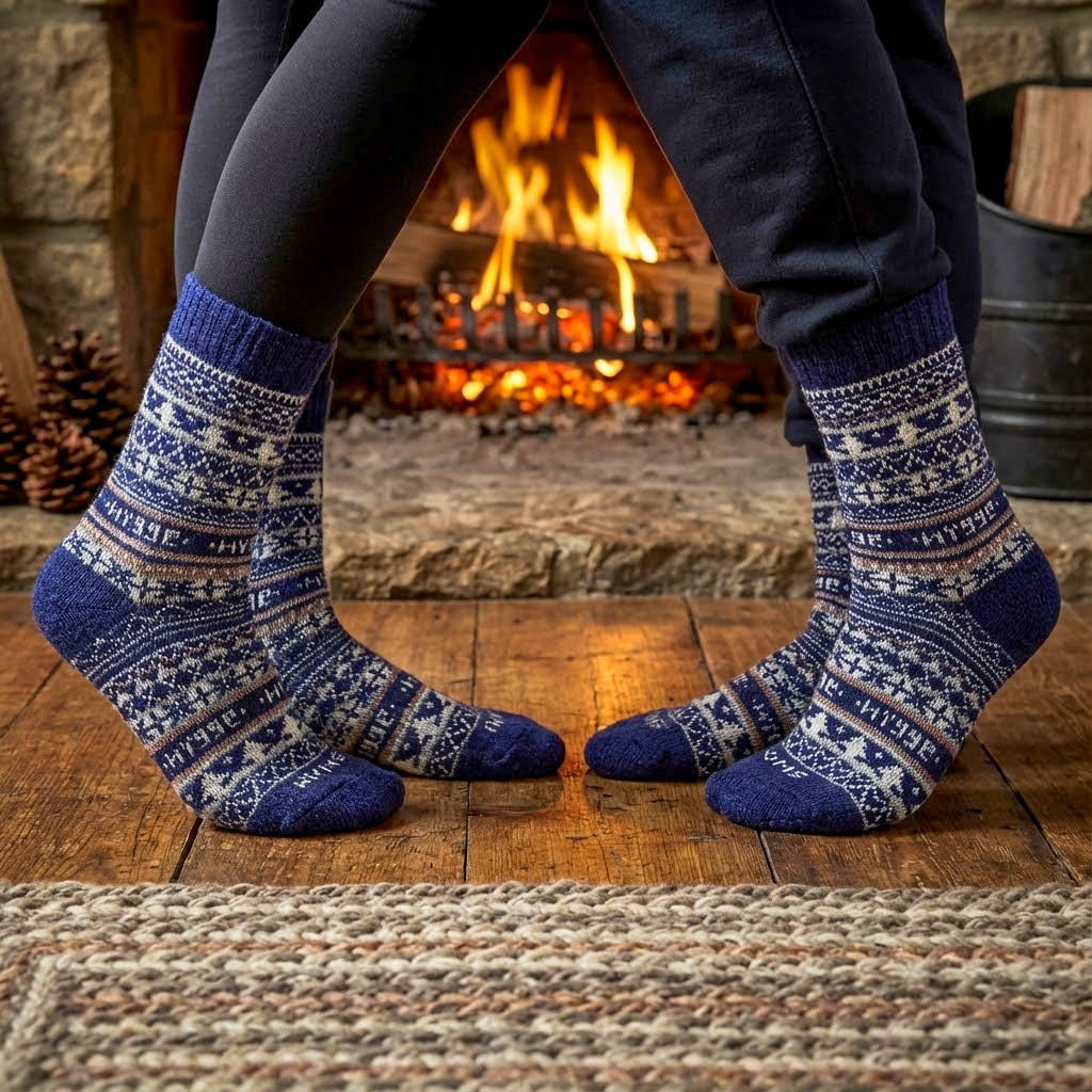 Couple wearing matching navy blue Fair Isle Legacy Edition merino wool Swoollies socks by fireplace creating warm hygge moment together