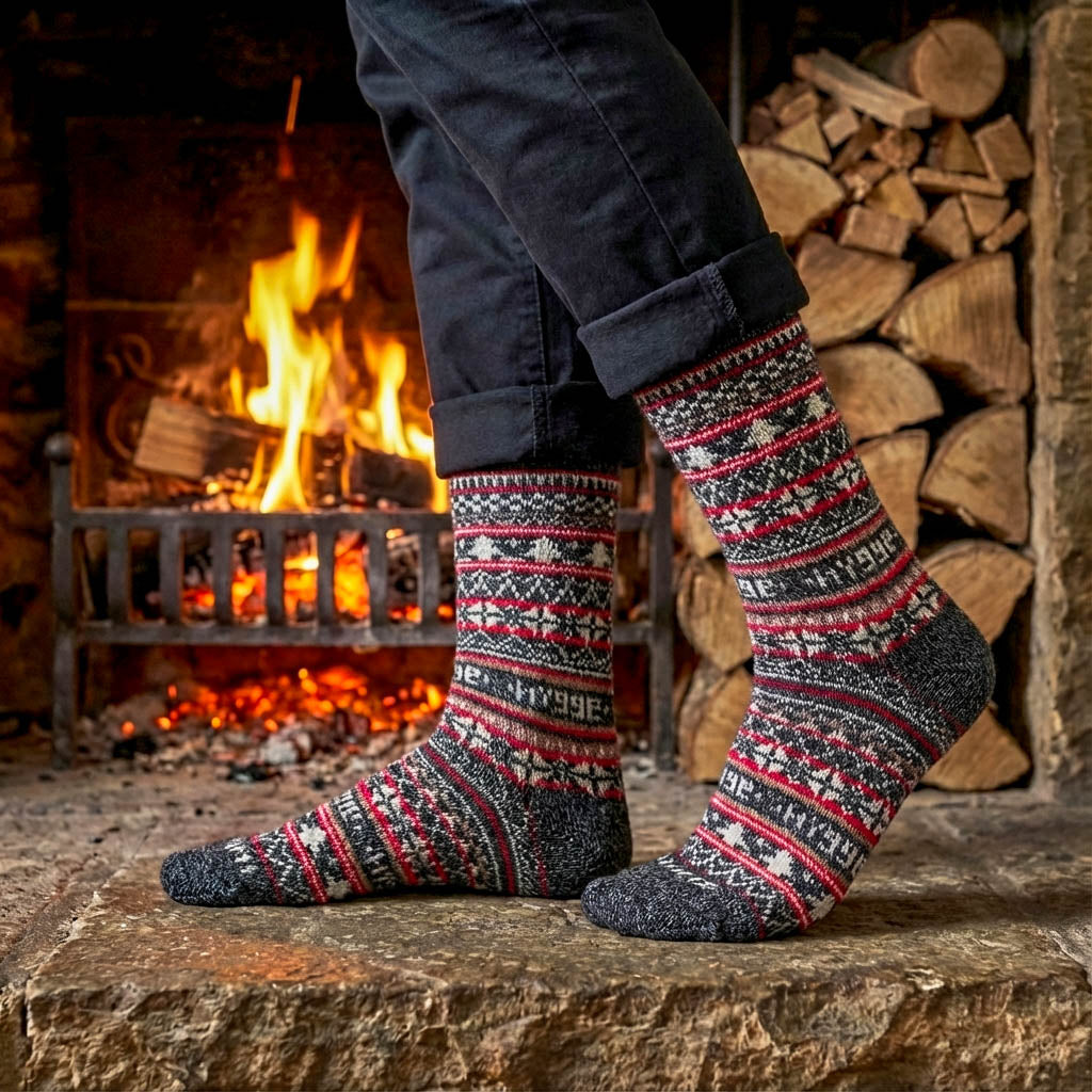 Man wearing charcoal Fair Isle Legacy Edition merino wool Swoollies socks in front of a cosy fireplace
