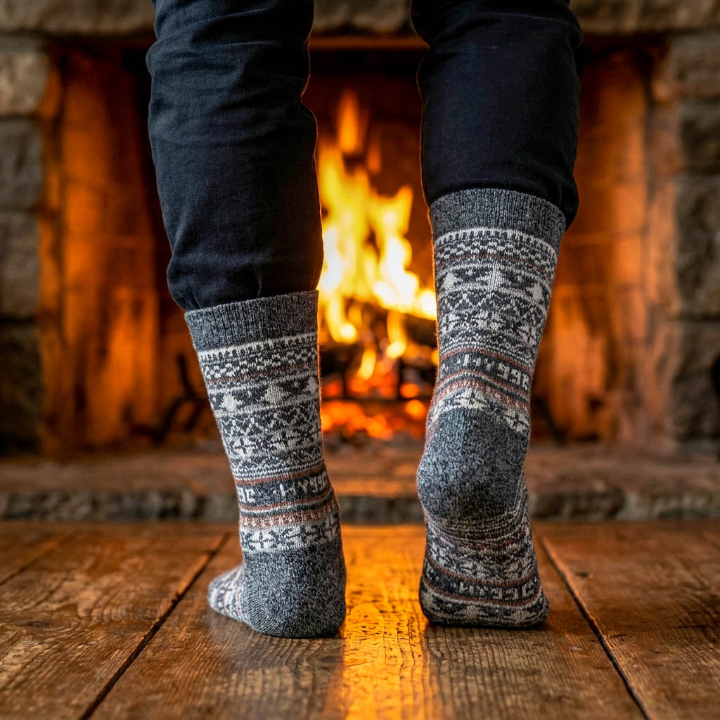 Man wearing grey Fair Isle Legacy Edition merino wool Swoollies socks in front of a cosy fireplace