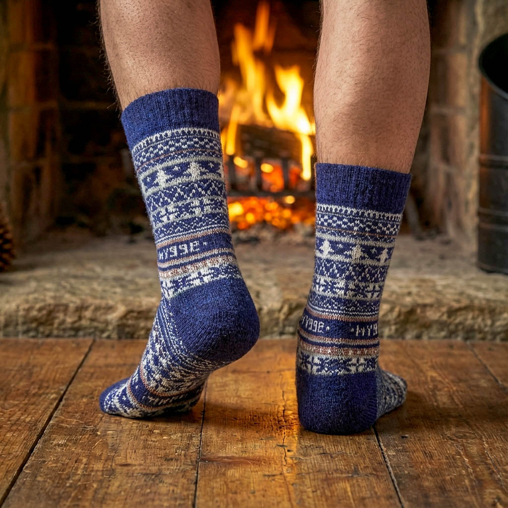 Man wearing navy blue Fair Isle Legacy Edition merino wool Swoollies socks in front of a cosy fireplace