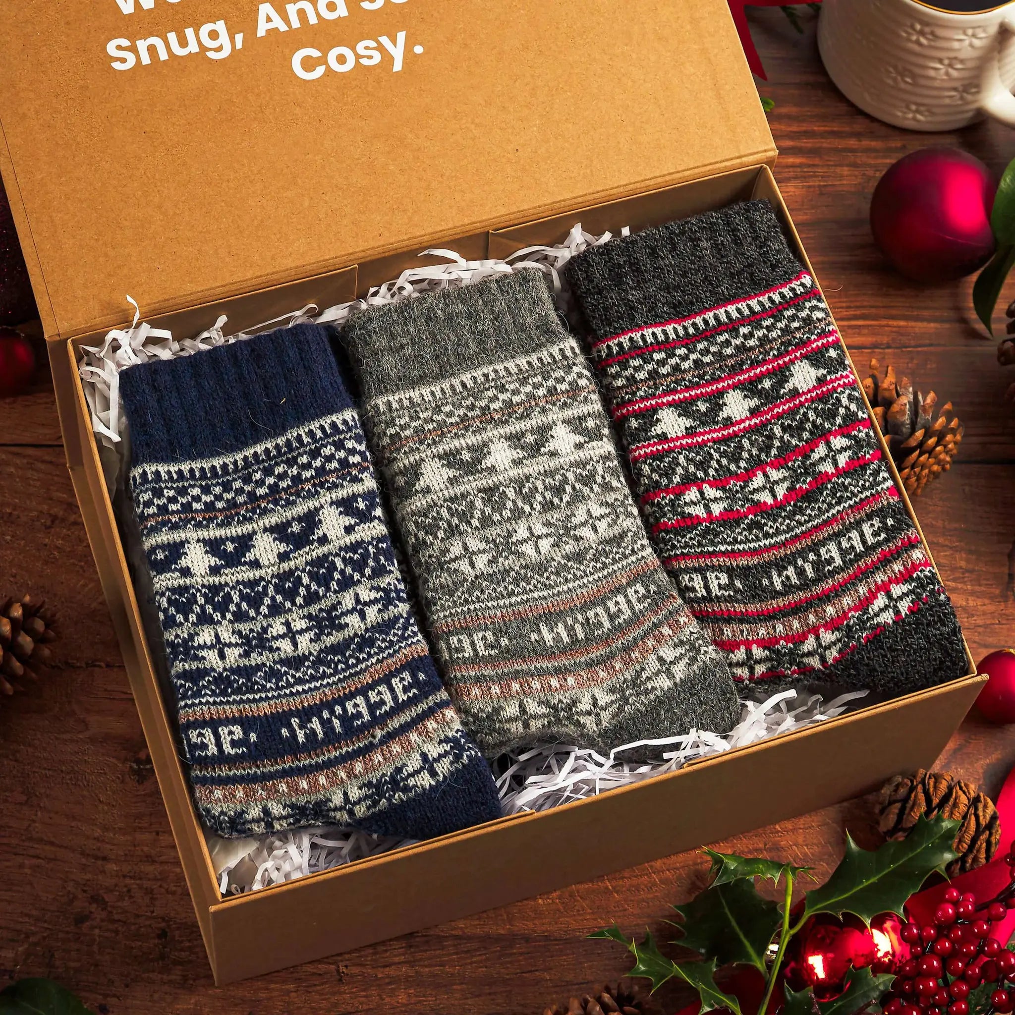 Swoollies Socks Open Gift Box Displaying Beautiful Fair Isle Merino Wool Patterned Socks