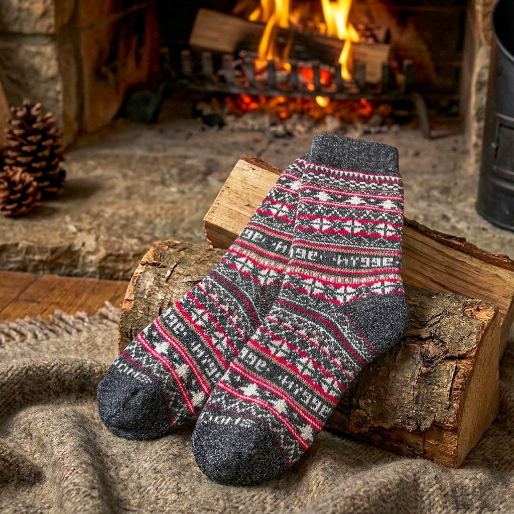 Thick charcoal Fair Isle merino wool Swoollies socks displayed on firewood logs in front of a lit fireplace