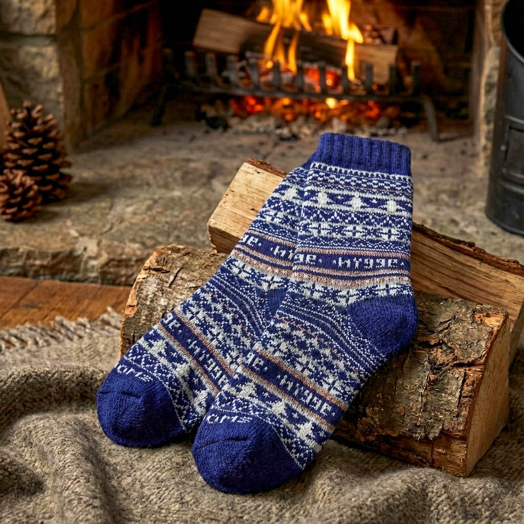 Thick navy blue Fair Isle merino wool Swoollies socks displayed on firewood logs in front of a cosy fireplace