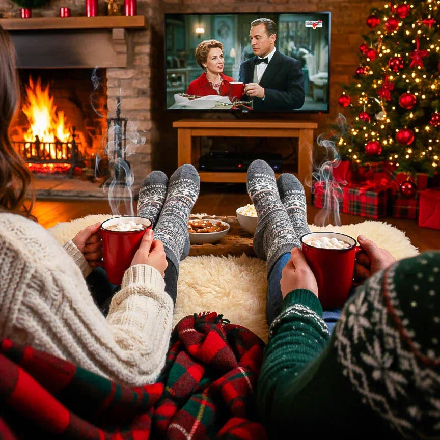 A couple, sitting on a couch with grey merino wool Swoollies socks on, holding hot cocoa with marshmallow in front of a fireplace and Christmas tree. They are watching a Christmas movie on TV