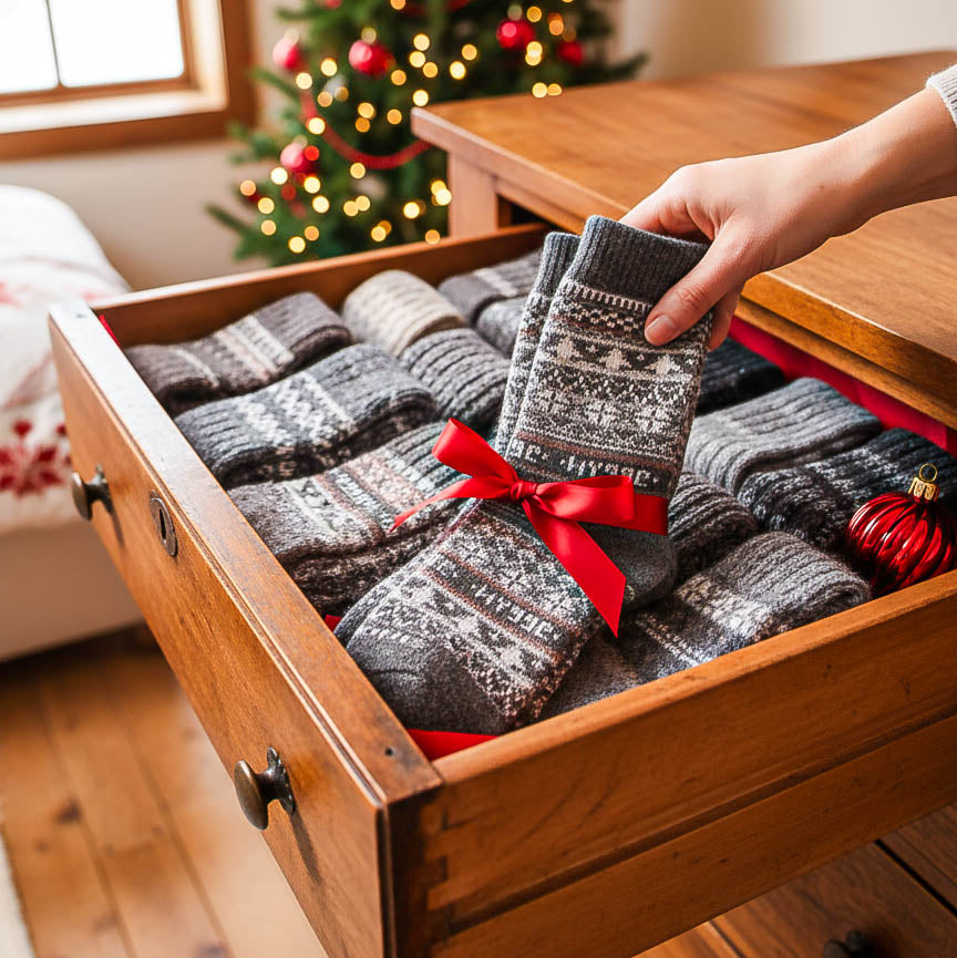 Person holding a pair of gray patterned socks with a red bow in front of an open wooden drawer filled with similar socks, Christmas tree in the background.