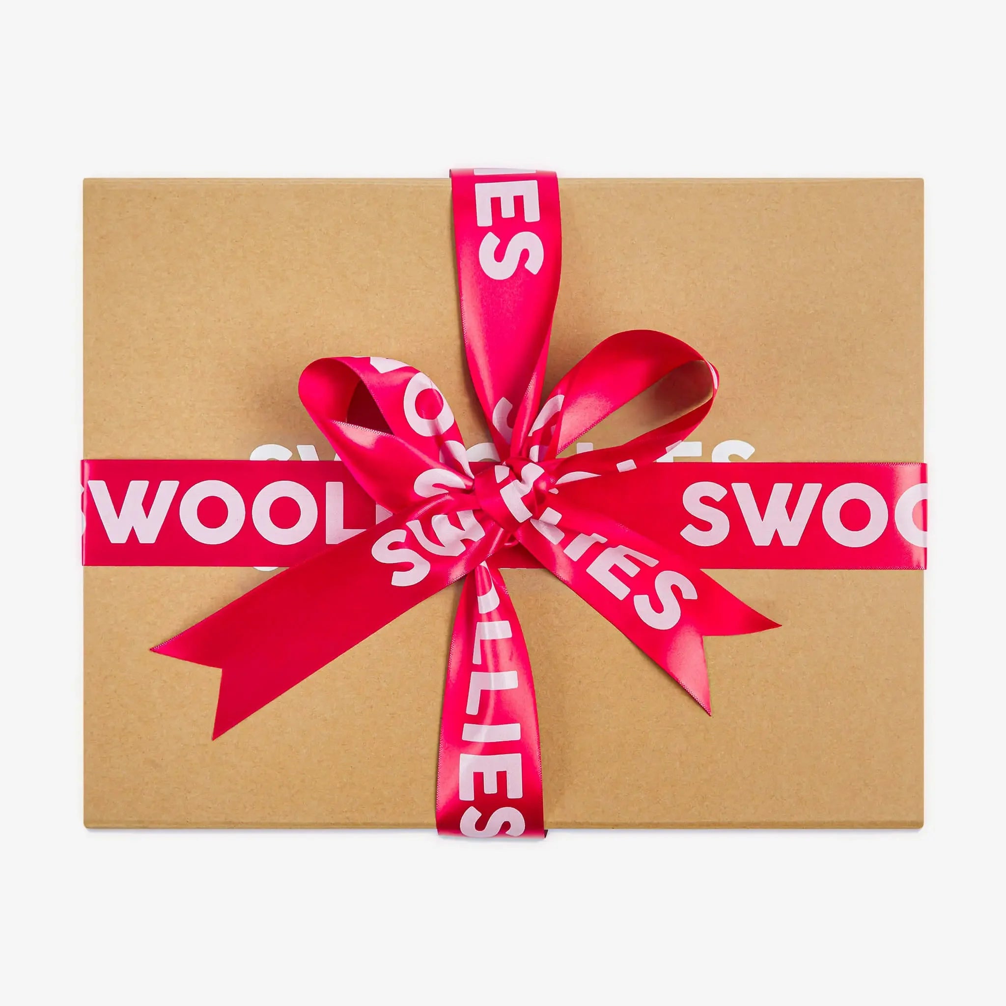 Premium magnetic kraft socks gift box with a red ribbon around featuring 'Swoollies' brand, on a light grey background